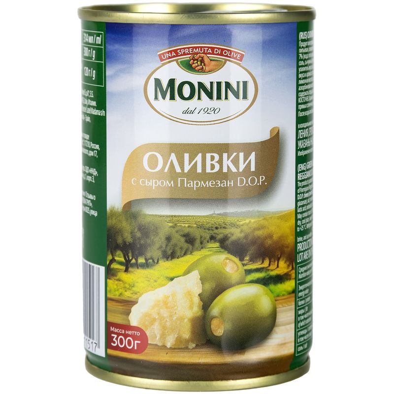

Оливки зеленые Monini с сыром Пармезан 300 г