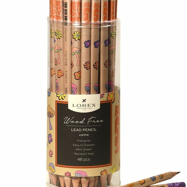Карандаш чернографит пластик LOREX WOOD FREE HIPPIE НВ заточ трехгран с ластиком тубус принт на корпусе