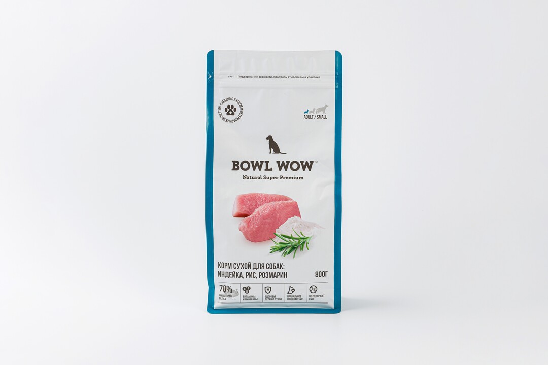 

Сухой корм для собак мелких пород Bowl Wow с индейкой, рисом, розмарином 800 г