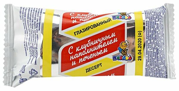 Десерт глазированный Пчелка с заменителем молочного жира с клубничным наполнителем и печеньем 40 г