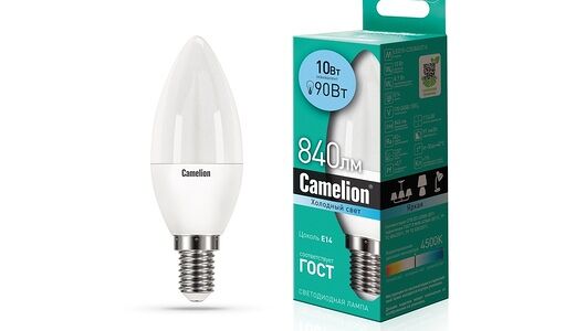 Лампа светодиодная Camelion E14 6000К свеча, 10 Вт