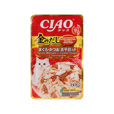 Влажный корм для кошек Инаба Чао (Inaba Ciao) Киннодаши (Kinnodashi) с тунцом Кацуо и Магуро с палтусом 60 г