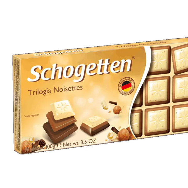 Шоколад Trilogia Schogetten молочный, белый с грильяжем и фундуком, с джандуей и фундуком, 100 г