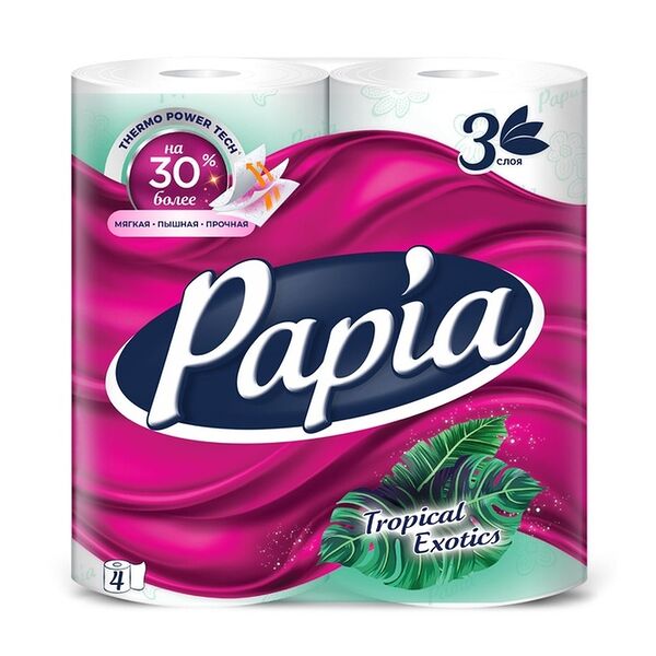 Туалетная бумага Papia Tropical Exotics, белая, 3 слоя, 4шт