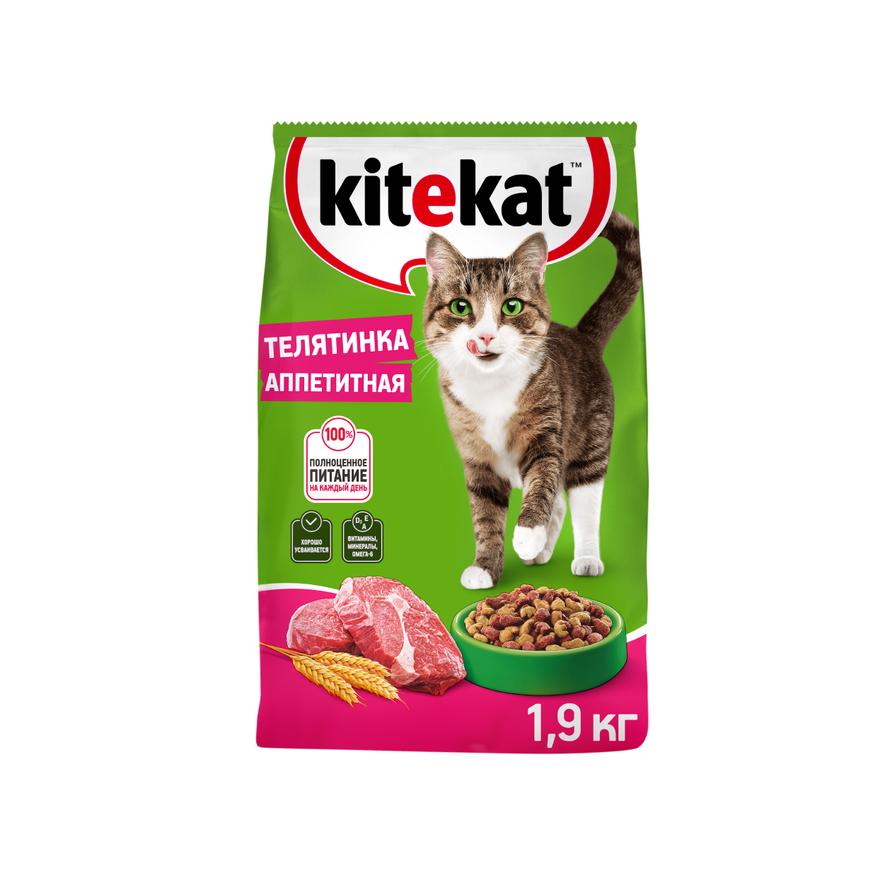 

Сухой полнорационный корм Kitekat Телятинка аппетитная для взрослых кошек 1.9 кг