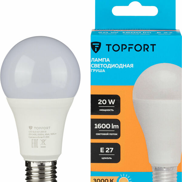 Лампочка светодиодная E27 TOPFORT, 20 Вт, 3000K, груша