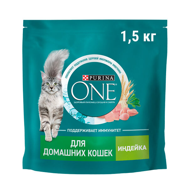 Корм сухой Purina One с индейкой и цельными злаками для взрослых кошек при домашнем образе жизни, 1.5кг
