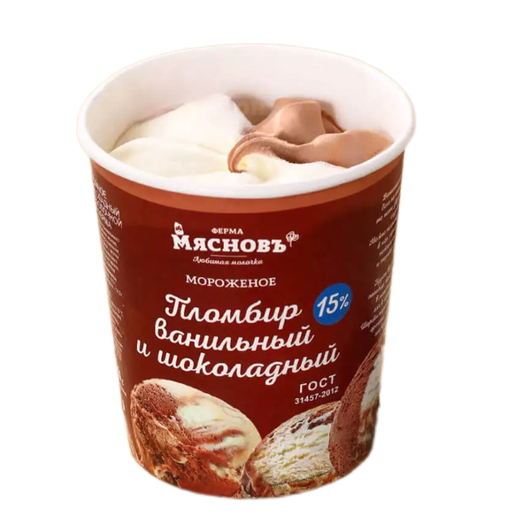 Мороженое двухслойное пломбир МясновЪ Ферма Гост ванильный и шоколадный 15%, 450г