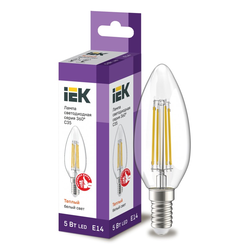 

Лампа IEK LED свеча 5Вт, 230В, 3000К, цоколь Е14 360, Арт. LLF-C35-5-230-30-E14-CL