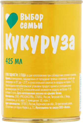 

Кукуруза Выбор Семьи сахарная, в зернах, 420мл