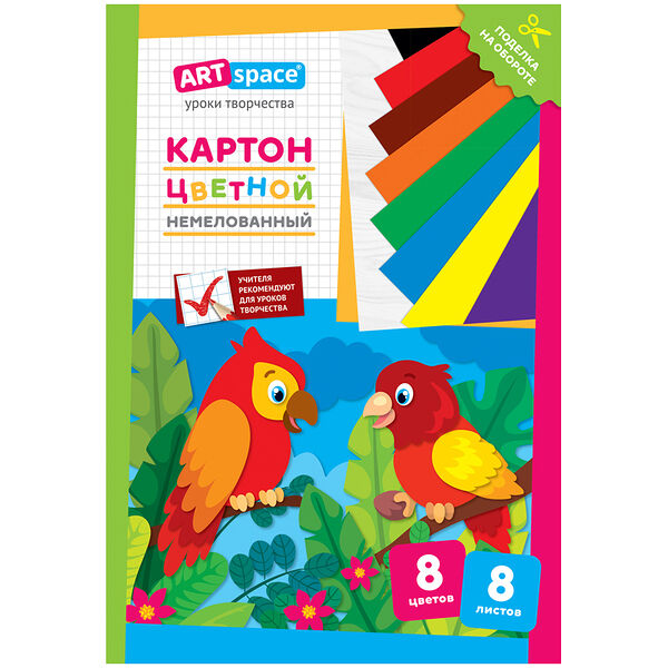 Картон цветной А4 8л 8цв Попугай немелованный в папке Нкн8-8_28650
