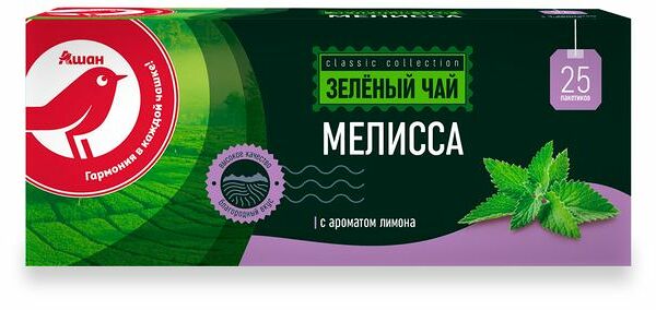 Чай зеленый АШАН Красная птица со вкусом мелиссы, 25х2 г
