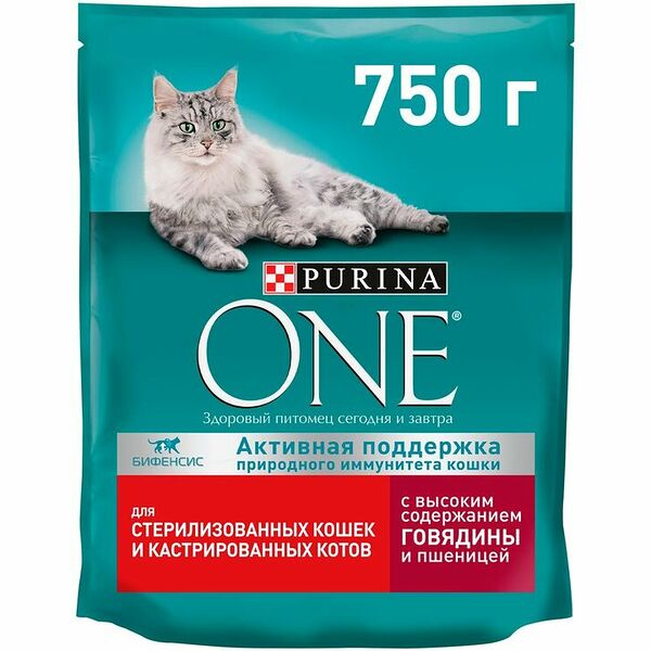 Сухой корм Purina ONE Sterilised для взрослых стерилизованных кошек и кастрированных котов, с говядиной и пшеницей, 750 г