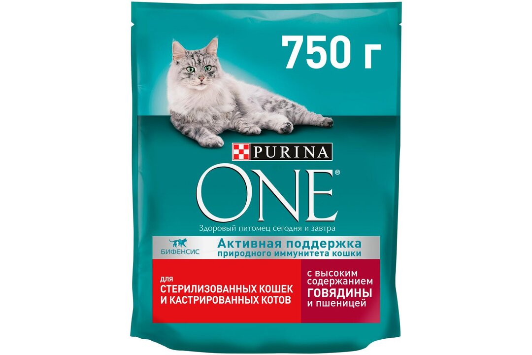 

Сухой корм Purina One Sterilised для взрослых стерилизованных кошек и кастрированных котов с говядиной и пшеницей 750 г