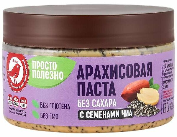 Паста арахисовая АШАН Красная птица с семенами чиа без сахара