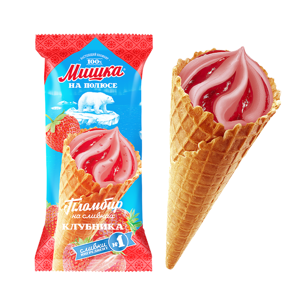 Мороженое Мишка на полюсе, рожок, пломбир с клубникой 110 г