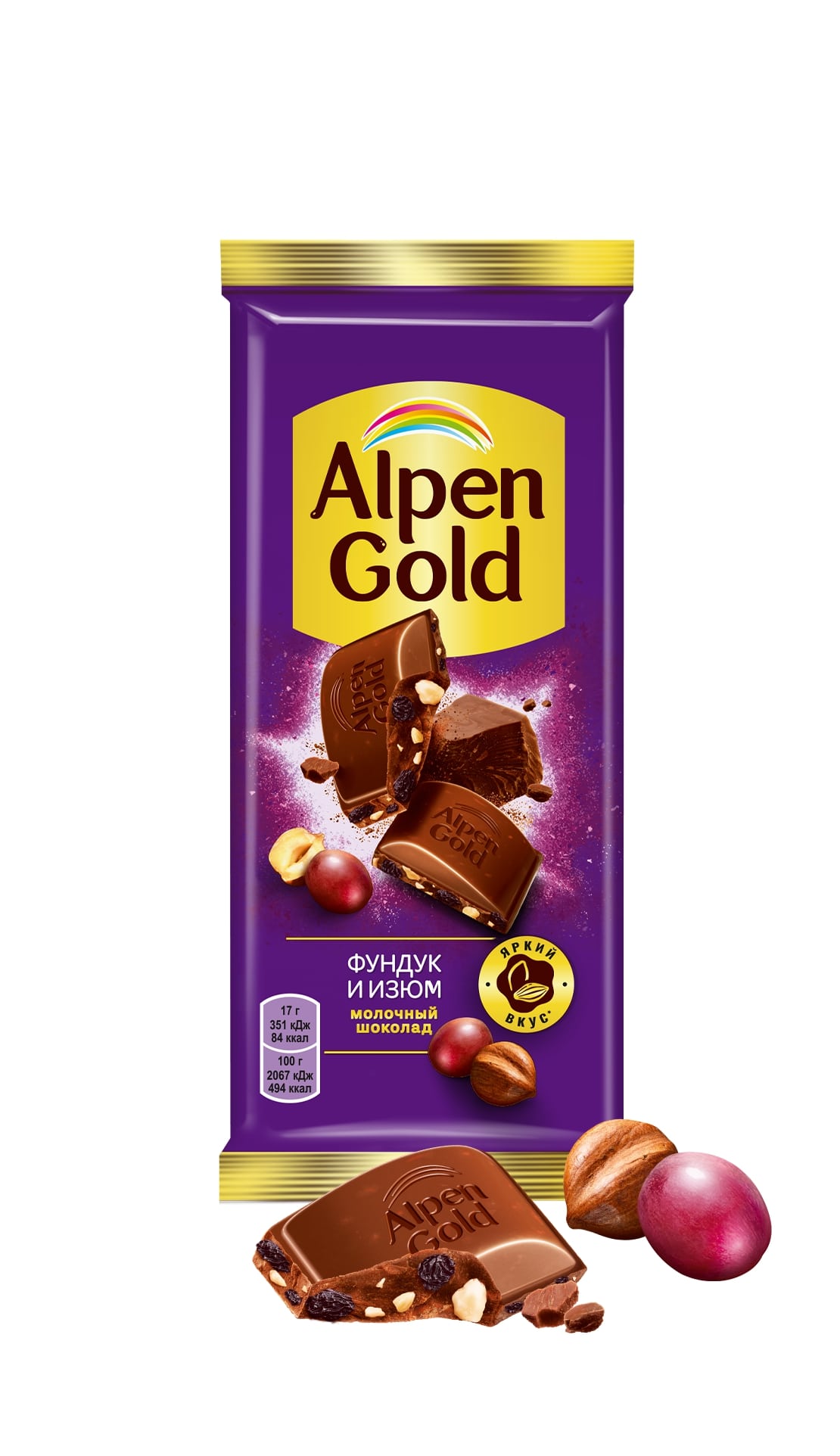 

Шоколад Alpen Gold молочный с дробленым фундуком и изюмом 85г