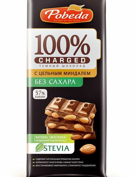 Шоколад тёмный Победа с цельным миндалём без сахара 90 г