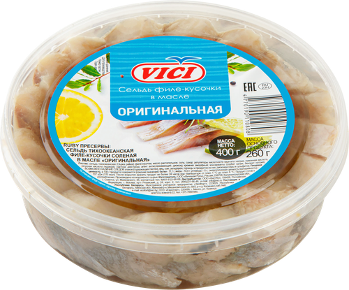 

Сельдь Vici Оригинальная Любо есть филе-кусочки в масле 400 г