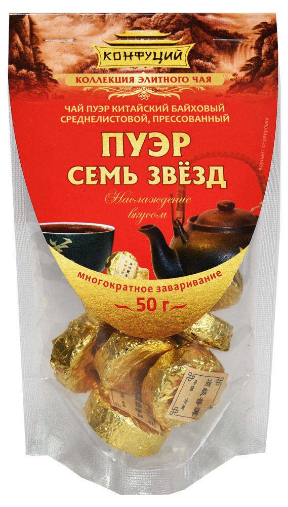 

Чай черный Конфуций Пуэр Семь Звёзд среднелистовой прессованный 50 г