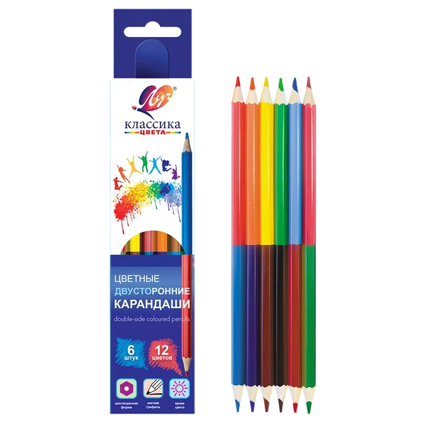 Карандаши цветные Луч Классика двусторонние 12 цветов, 6 штук
