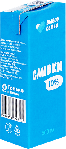

Сливки ультрапастеризованные Выбор семьи 10% без змж, 200 мл