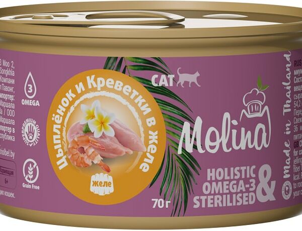 Влажный корм для кошек Molina Цыпленок и креветки в желе 70г