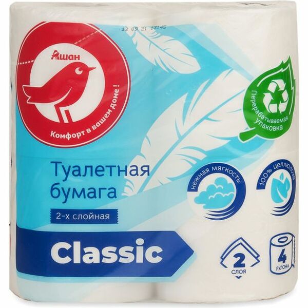 Туалетная бумага АШАН Красная птица 2 слоя, 4 рулона