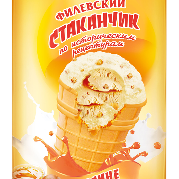 Мороженое Филевское пломбир фундук-карамель в вафельном стакане 100г