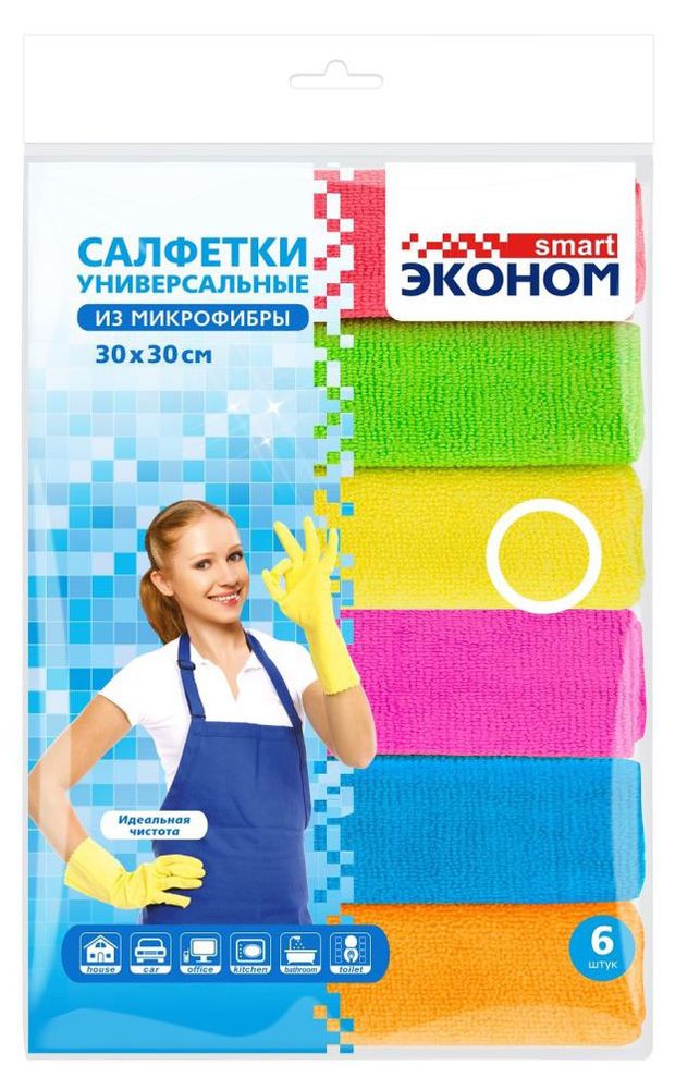 

Салфетка для уборки Эконом Smart из микрофибры 30x30 см, 6 шт.