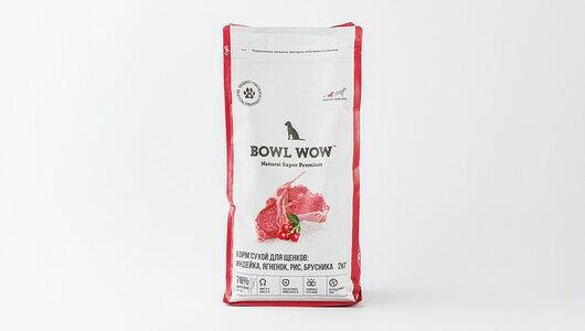 Сухой корм BOWL WOW для щенков средних пород с индейкой, ягненком, рисом и брусникой, 2кг