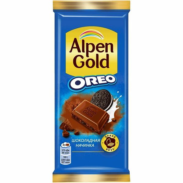 Шоколад Alpen Gold  молочный с шоколадной начинкой и кусочками печенья Орео, 90 г