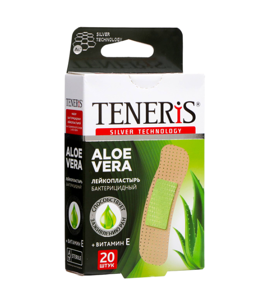Лейкопластырь Teneris с подушкой алоэ на полимерной основе 20 шт 7.6 х 1.9 см