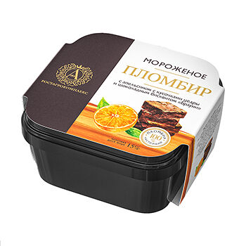 Мороженое пломбир с апельсином, кусочками цедры и шоколадным бисквитом «Брауни» 15%, «А.Ростагрокомплекс»