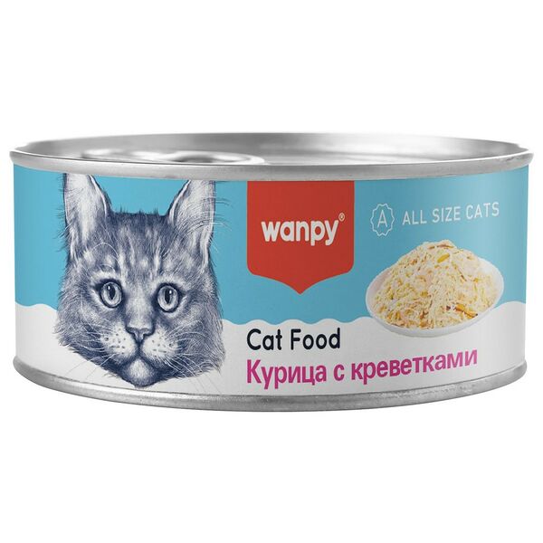 Консервы для кошек Wanpy Cat с кусочками курицы и креветками, 95г