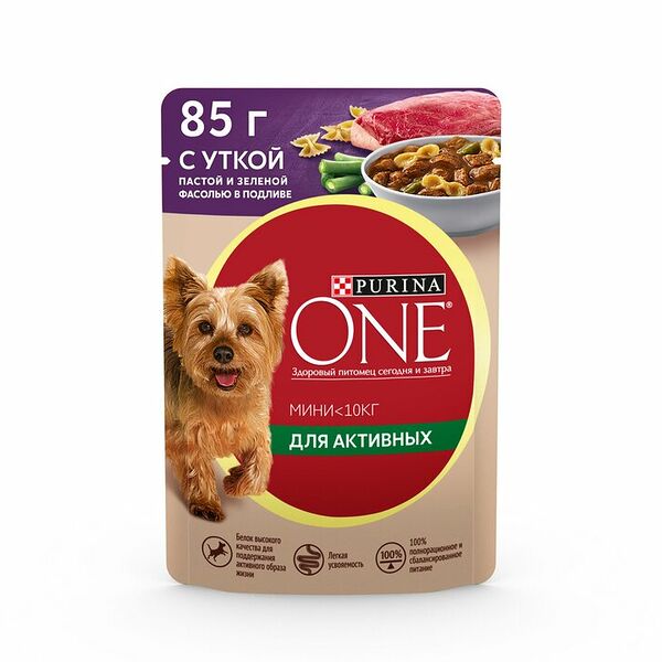 Влажный корм Purina One Mini для собак мелких пород с уткой, пастой и зеленой фасолью в подливе, 85г
