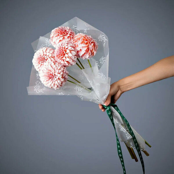 Монобукет из 5 коралловых георгинов в упаковке