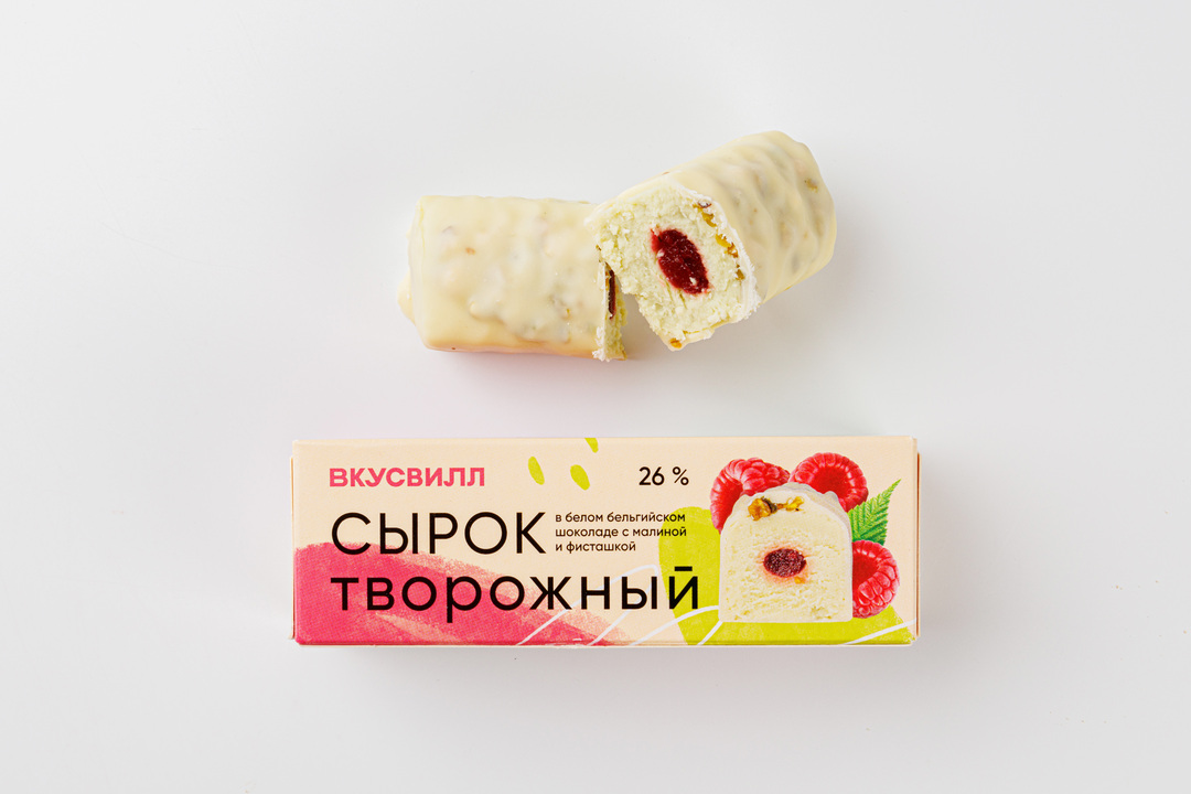 

Сырок творожный ВкусВилл Малина с фисташкой в белом бельгийском шоколаде 26% 50 г