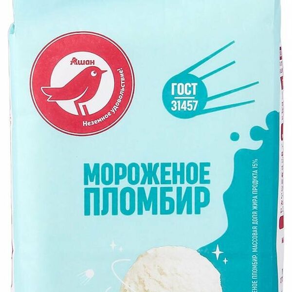 Мороженое пломбир АШАН Красная птица ванильный 15% БЗМЖ