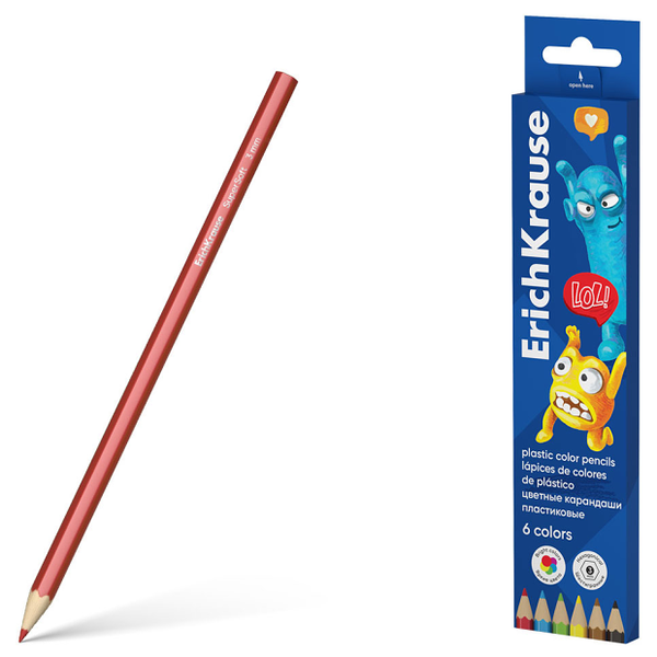 Карандаши цветные ErichKrause Jolly Friends пластиковые грифель 3 мм, 6 цветов