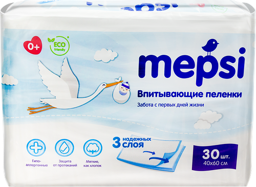 Пеленки детские MEPSI впитывающие 40х60, 30шт.