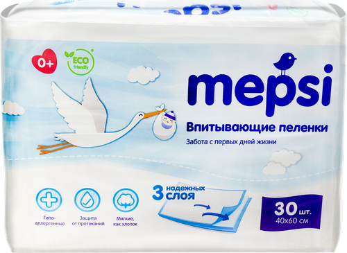 

Пеленки детские MEPSI впитывающие 40х60 см 30 шт.