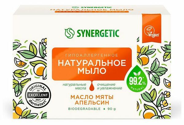 Мыло Synergetic туалетное Гипоаллергенное Натуральное мята и апельсин 90 г