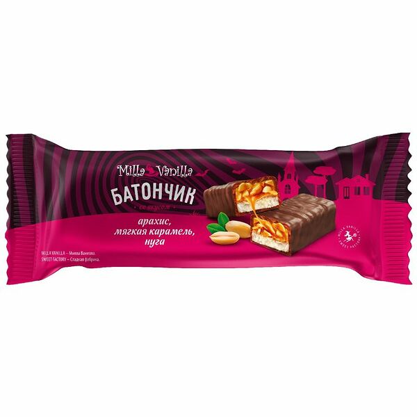 Батончик Milla Vanilla глазированный со вкусом арахис, мягкая карамель и нуга 50 г