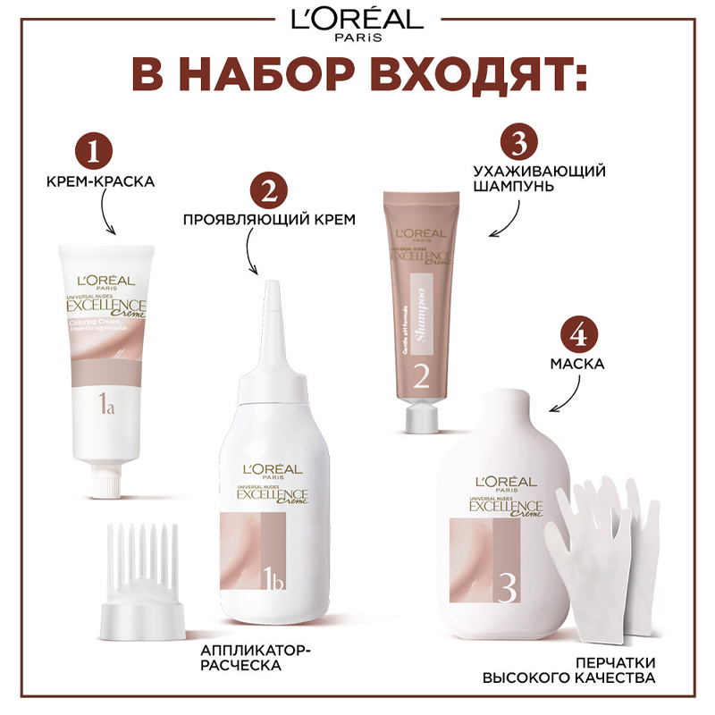 

Крем-краска для волос L'Oreal Paris без аммиака "Excellence Crème Универсальные Нюдовые Оттенки", оттенок 4U, универсальный каштановый 192 мл