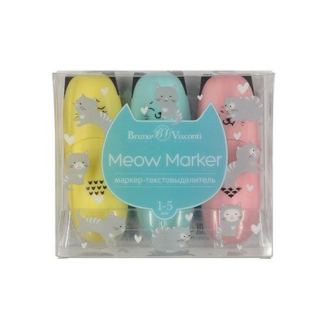 Набор текстовыделителей Bruno Visconti Meow Marker пастельный желтый, розовый, голубой, 3 шт