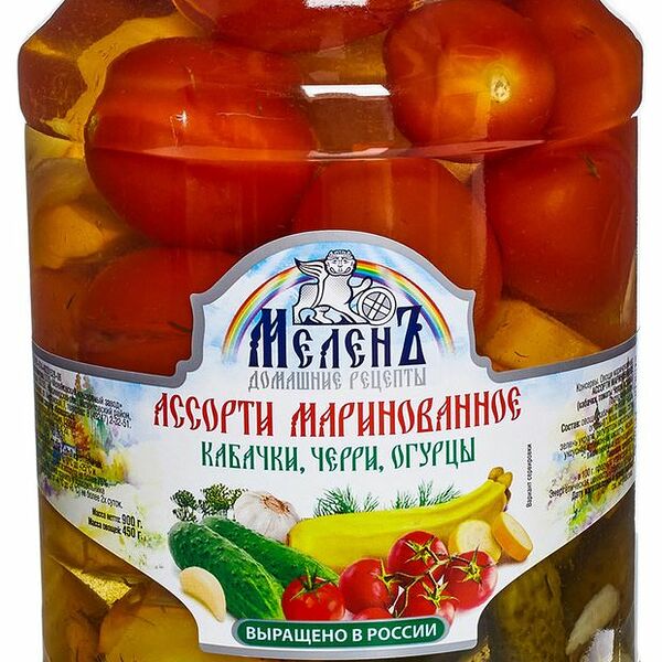Ассорти маринованное МеленЪ кабачки, черри, огурцы, 900 г