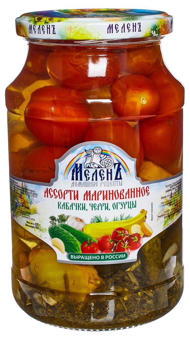 

Ассорти маринованное МеленЪ кабачки, черри, огурцы, 900 г