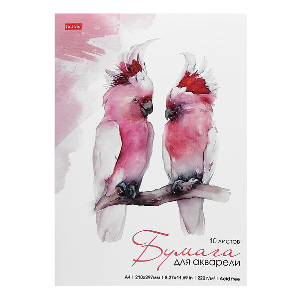 Набор бумаги для рисования акварелью Hatber упак 10л в наборе А4ф Эконом в папке тиснение Какаду, Россия