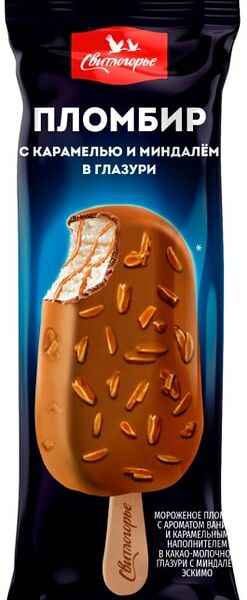 Мороженое Свитлогорье Пломбир с карамелью и миндалем в шоколадной глазури 15% 80г